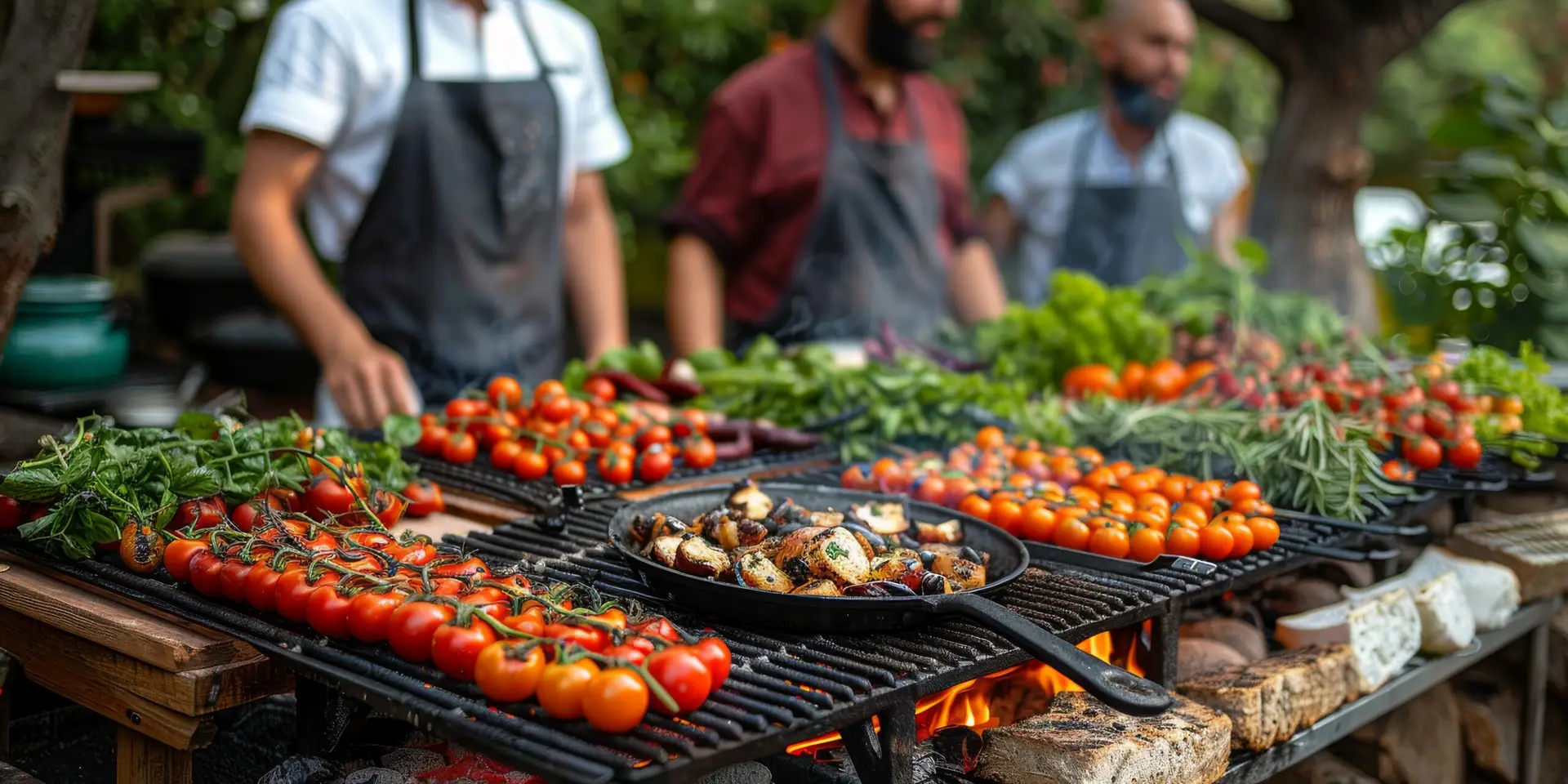 A group of men are cooking food on a grill in an outdoor setting